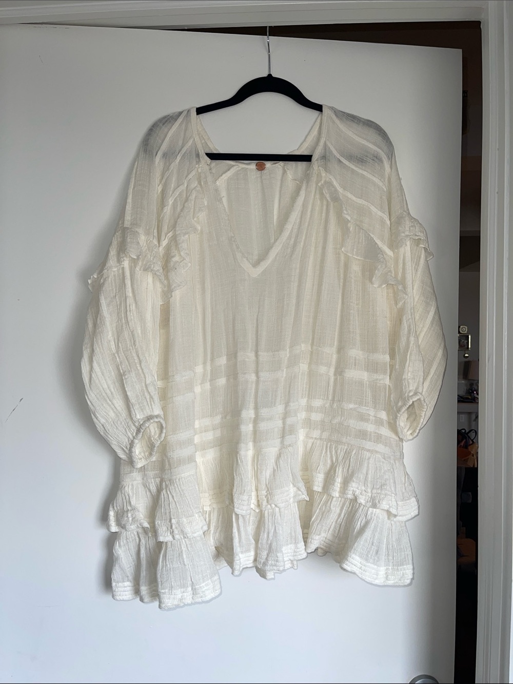 Free People Cream V-Neck Ruffle Boho Tunic